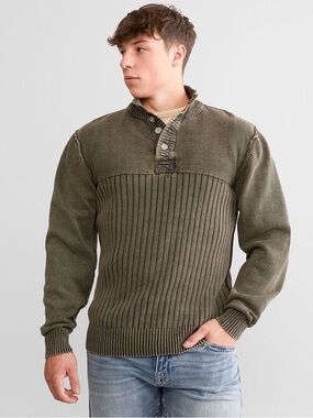 BKE Men's Grey Ribbed Mock-Neck Button casual work washed Sweater